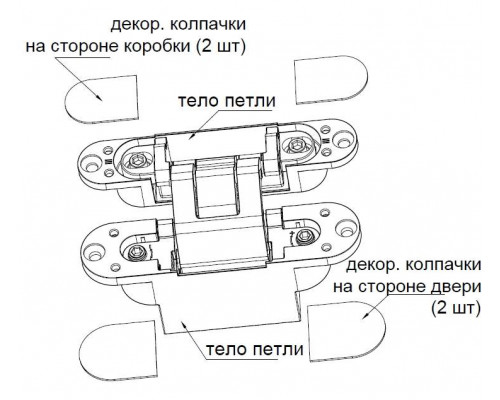 (1 кор.=2 петли) Петля скрытая ELEMENTIS, универсальная, 3D, 130x25/32 мм, 80 кг, цамак, серебро матовое