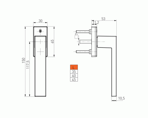 Ручка оконная Internika DUBLIN 40 мм, алюминиевая, 2 винта, черный матовый RAL9005M (45°) Ручка оконная Internika DUBLIN 40 мм, алюминиевая, 2 винта, черный матовый RAL9005M (45°)